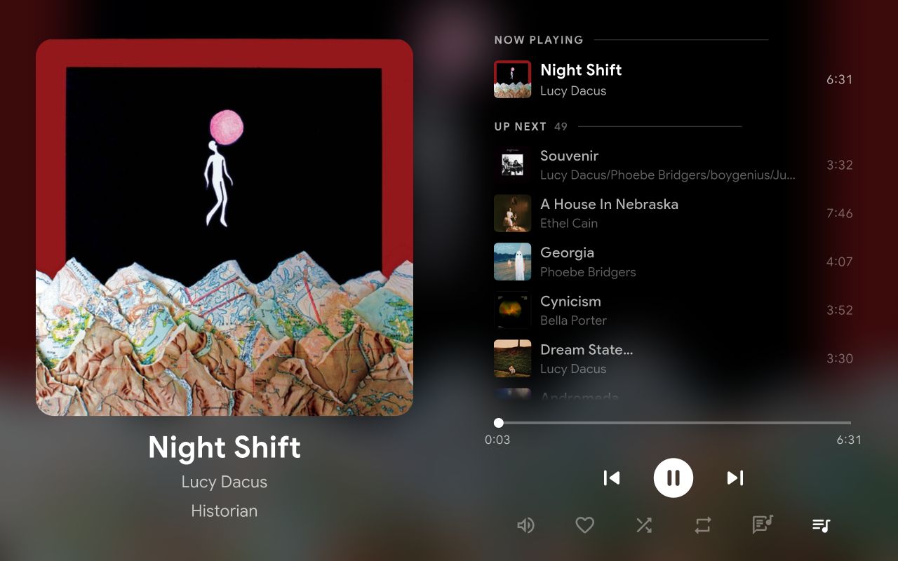 Now Playing view with album art and queue
