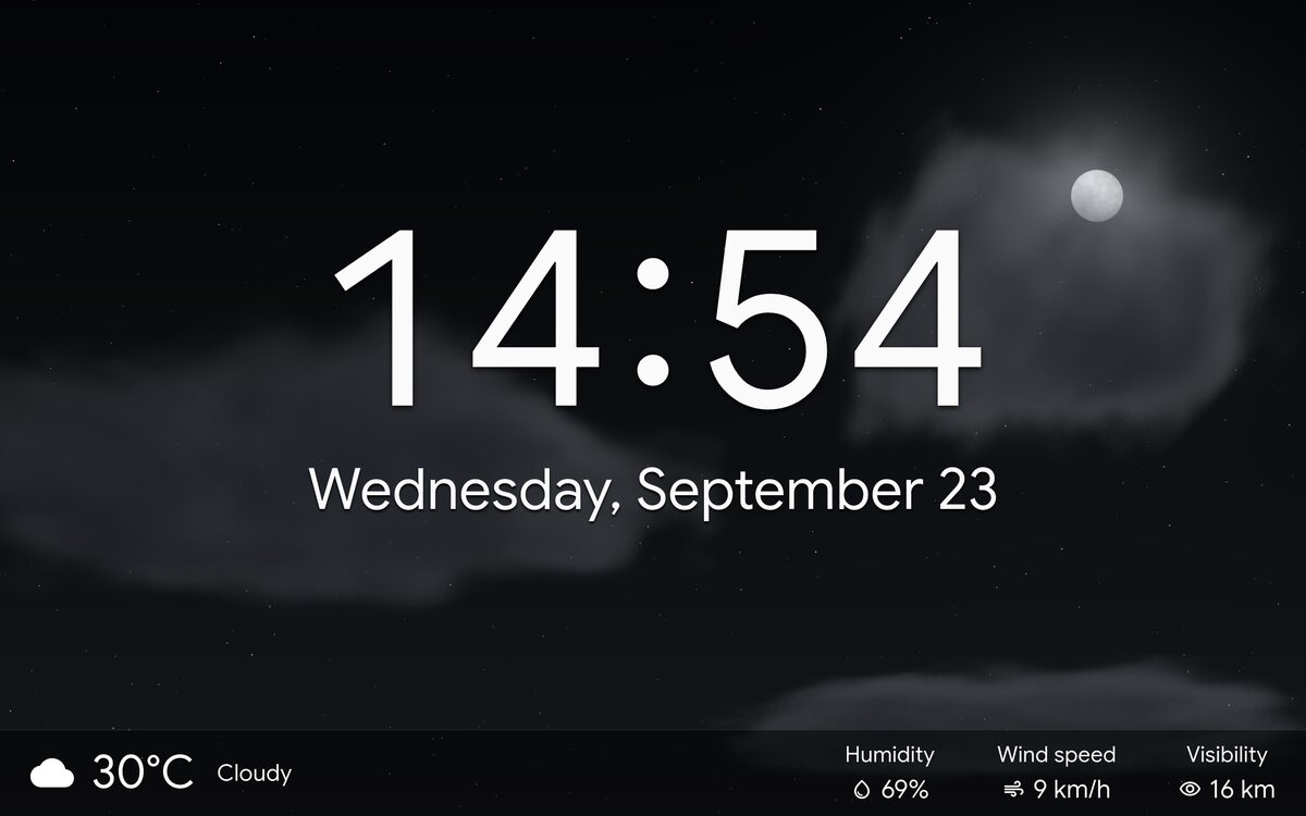 Weather Mood screensaver with a cloudy night sky and the weather bar
